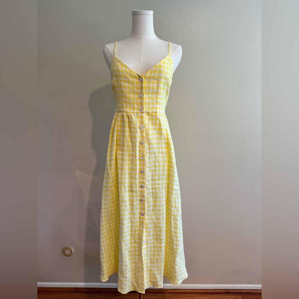Mansur Gavriel Yellow Gingham Button-Front Dress *Made in Italy, 100% Linen*